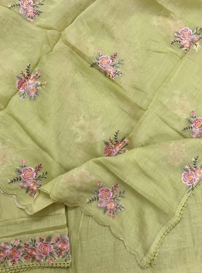 Fine Mul Chanderi Salwars with Hand highlights and Embroidery on Kameez, Dupatta and Lowers by Ikhtirah