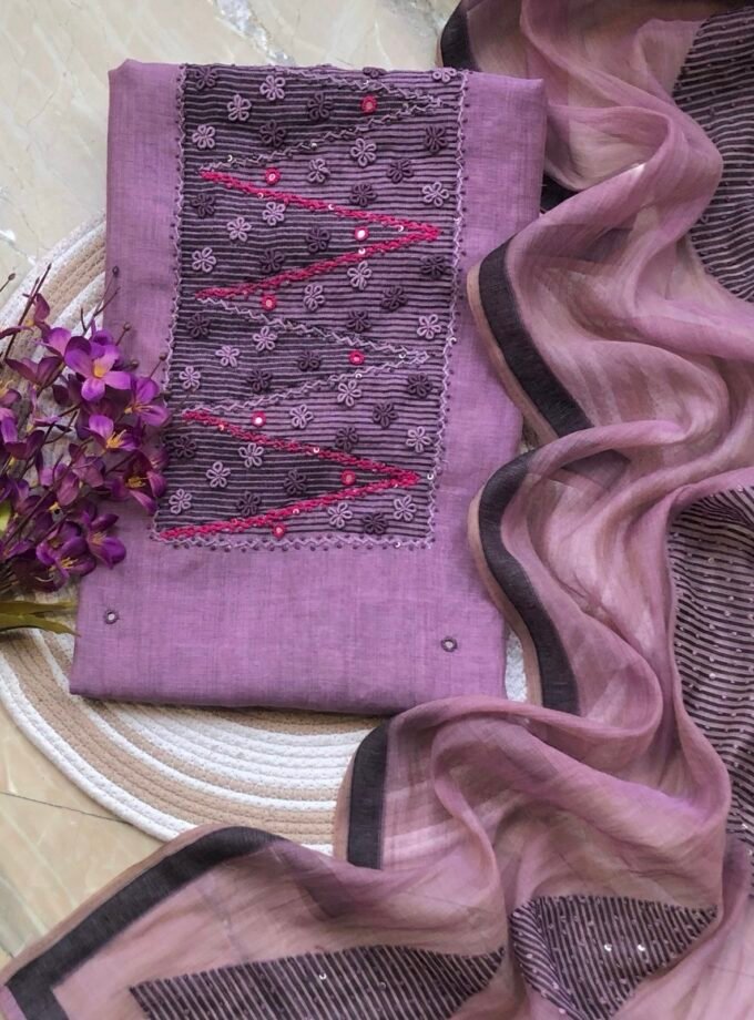 HandEmbroidered Soft Chanderi Jamdaani Salwars by Ikhtirah (Lavender)