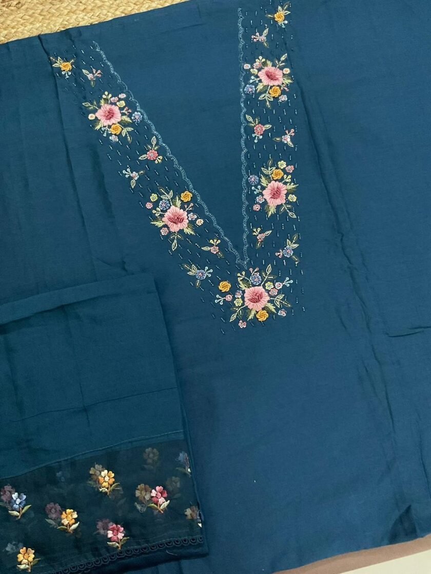Fine Soft Chanderi Salwars with Hand highlights and Embroidery on Kameez, Organza Dupatta and Lowers by Ikhtirah - Image 2