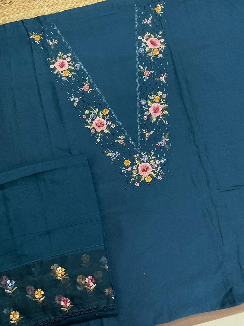 Fine Soft Chanderi Salwars with Hand highlights and Embroidery on Kameez, Organza Dupatta and Lowers by Ikhtirah - Image 2