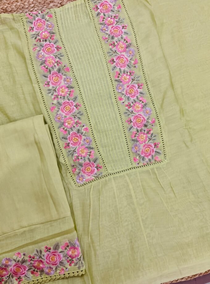 Fine Mul Chanderi Salwars with Hand highlights and Embroidery on Kameez, Dupatta and Lowers by Ikhtirah