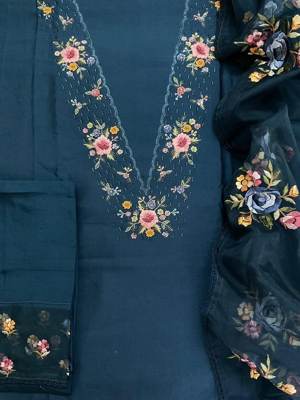 Fine Soft Chanderi Salwars with Hand highlights and Embroidery on Kameez, Organza Dupatta and Lowers by Ikhtirah
