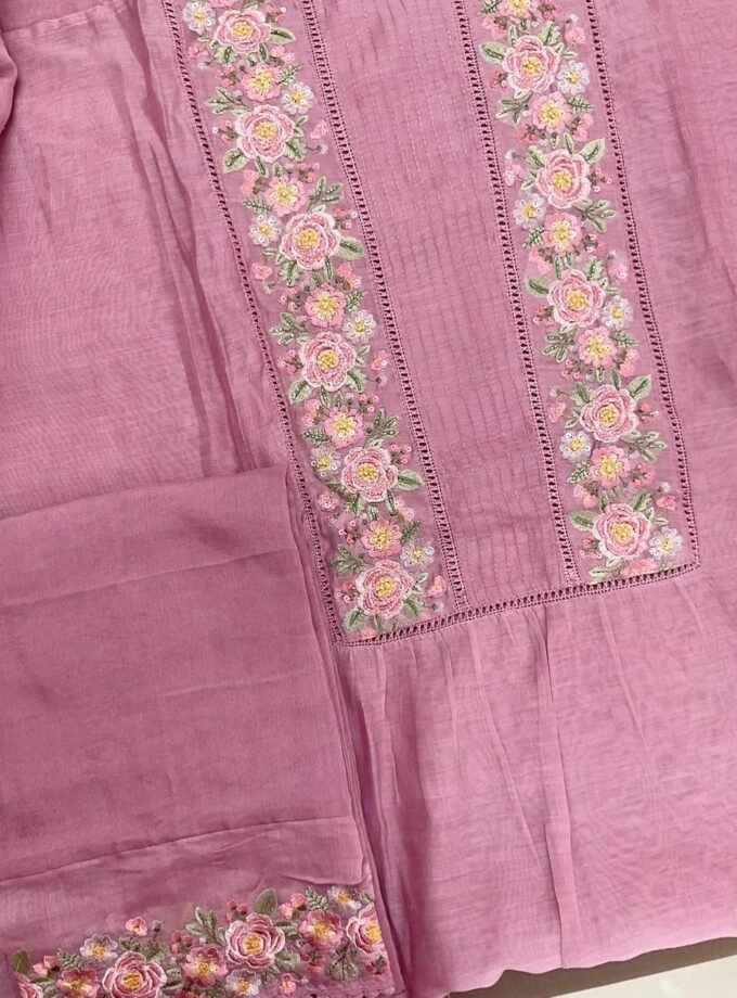 Fine Mul Chanderi Salwars with Hand highlights and Embroidery on Kameez, Dupatta and Lowers by Ikhtirah