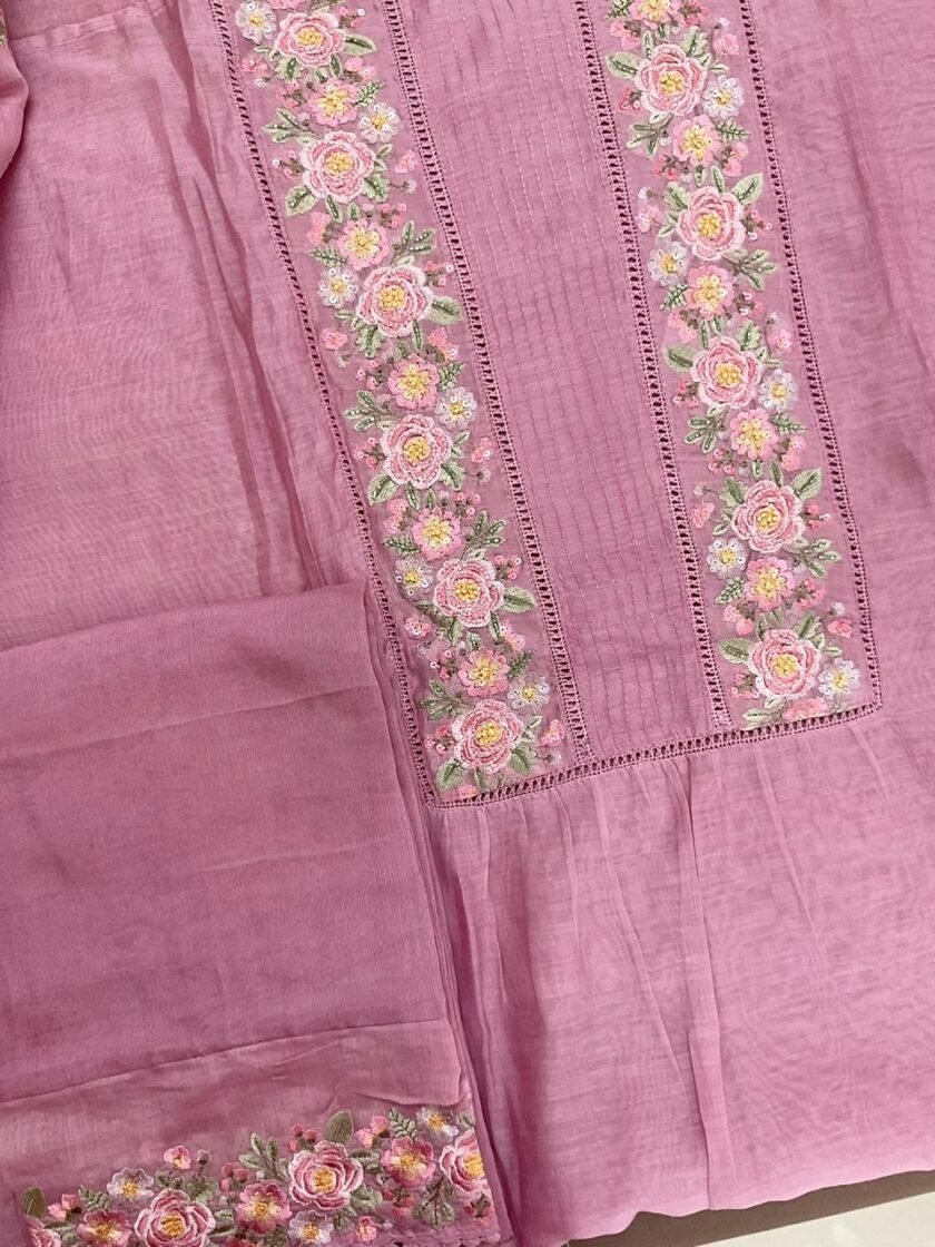 Fine Mul Chanderi Salwars with  Hand highlights and Embroidery on Kameez, Dupatta and Lowers by Ikhtirah - Image 5