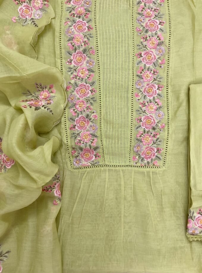 Fine Mul Chanderi Salwars with Hand highlights and Embroidery on Kameez, Dupatta and Lowers by Ikhtirah