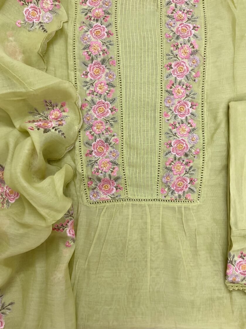 Fine Mul Chanderi Salwars with  Hand highlights and Embroidery on Kameez, Dupatta and Lowers by Ikhtirah - Image 2