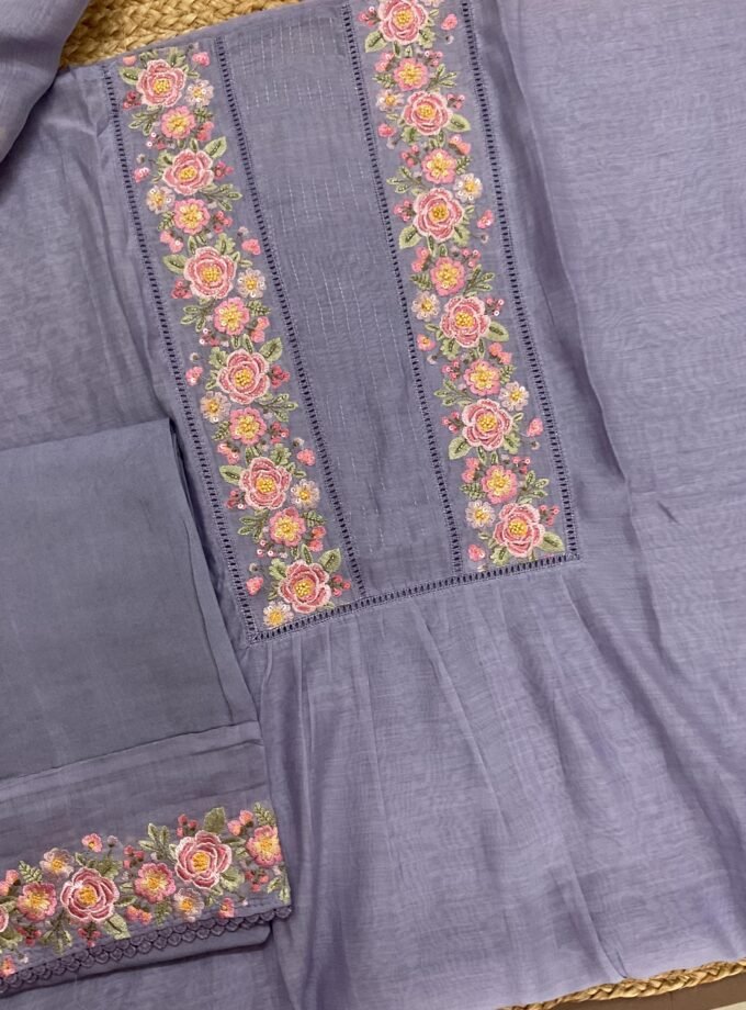 Fine Mul Chanderi Salwars with Hand highlights and Embroidery on Kameez, Dupatta and Lowers by Ikhtirah
