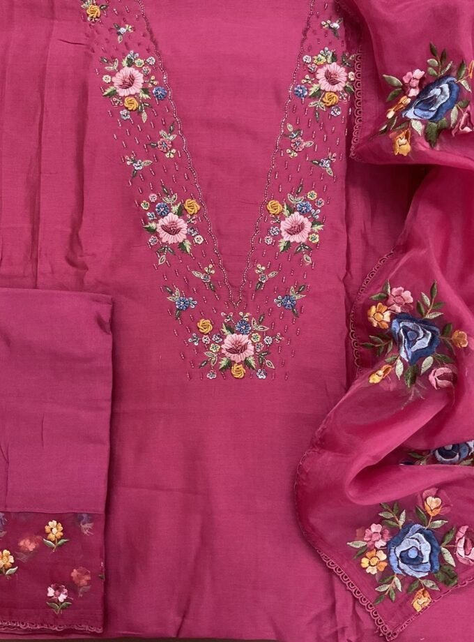 Fine Soft Chanderi Salwars with Hand highlights and Embroidery on Kameez, Organza Dupatta and Lowers by Ikhtirah