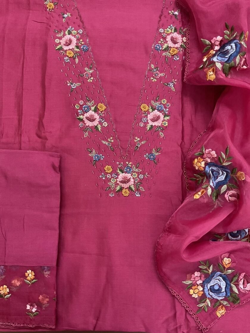 Fine Soft Chanderi Salwars with Hand highlights and Embroidery on Kameez, Organza Dupatta and Lowers by Ikhtirah - Image 3