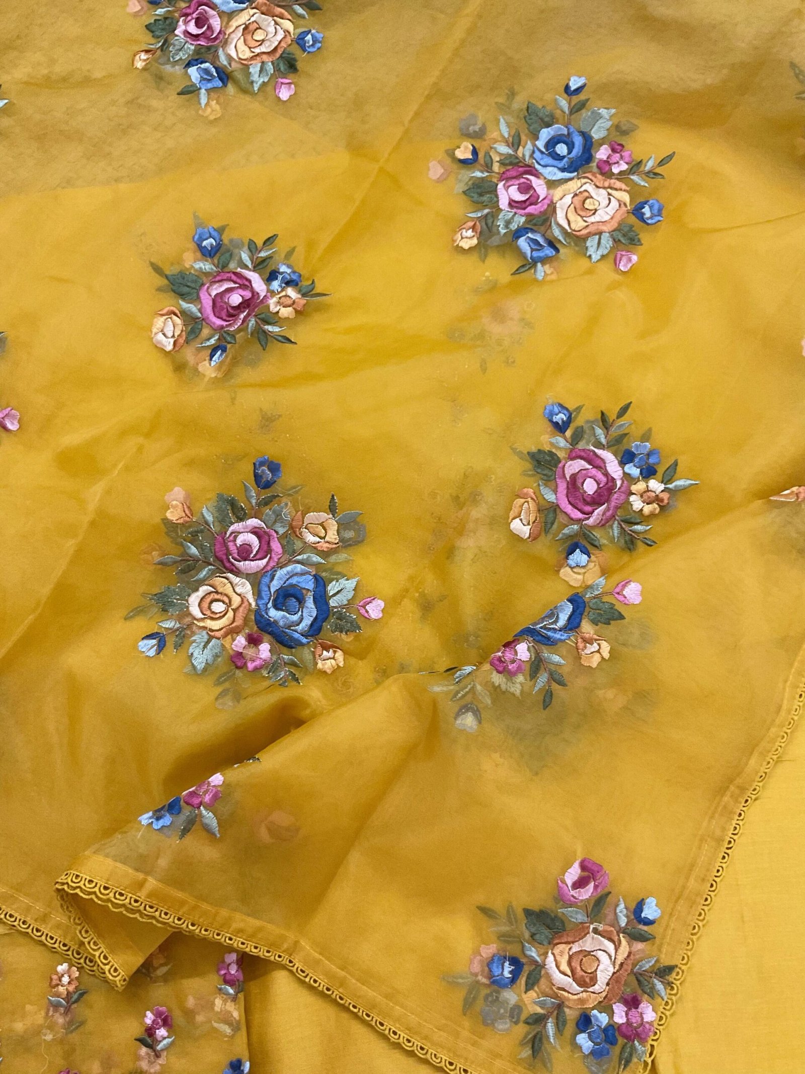 Fine Soft Chanderi Salwars with Hand highlights and Embroidery on Kameez, Organza Dupatta and Lowers by Ikhtirah - Image 2