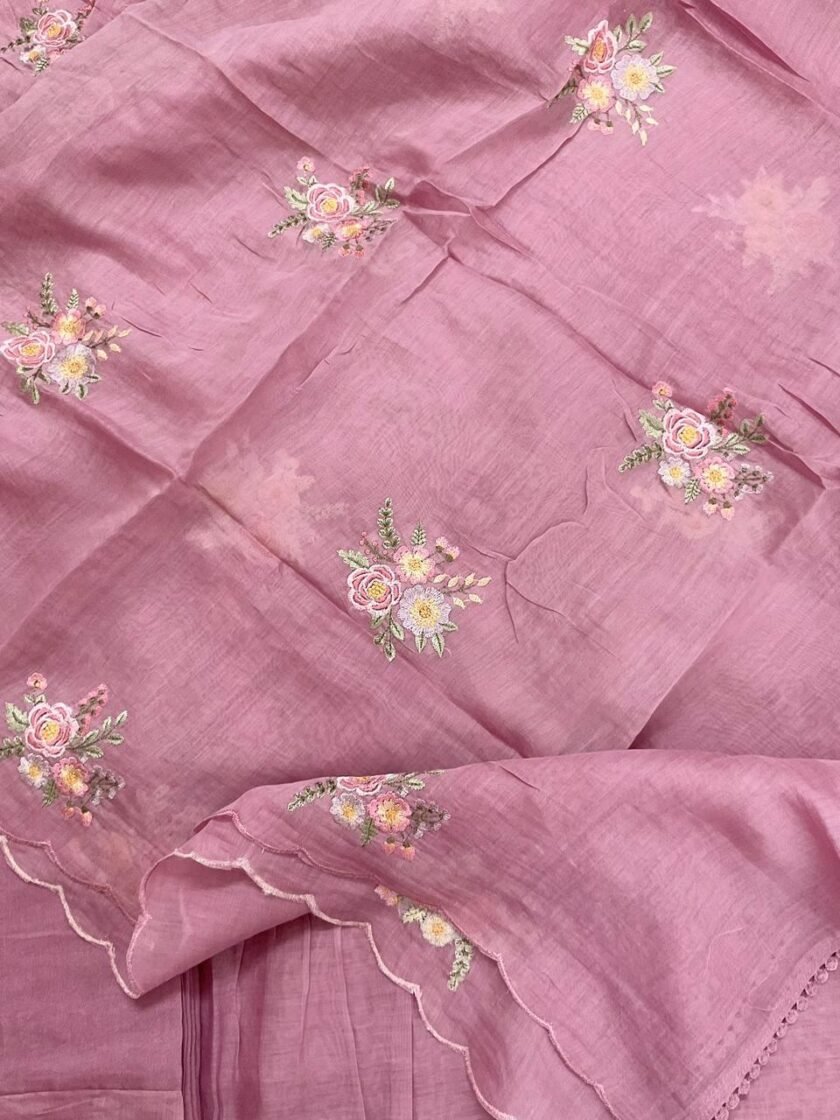 Fine Mul Chanderi Salwars with  Hand highlights and Embroidery on Kameez, Dupatta and Lowers by Ikhtirah - Image 3