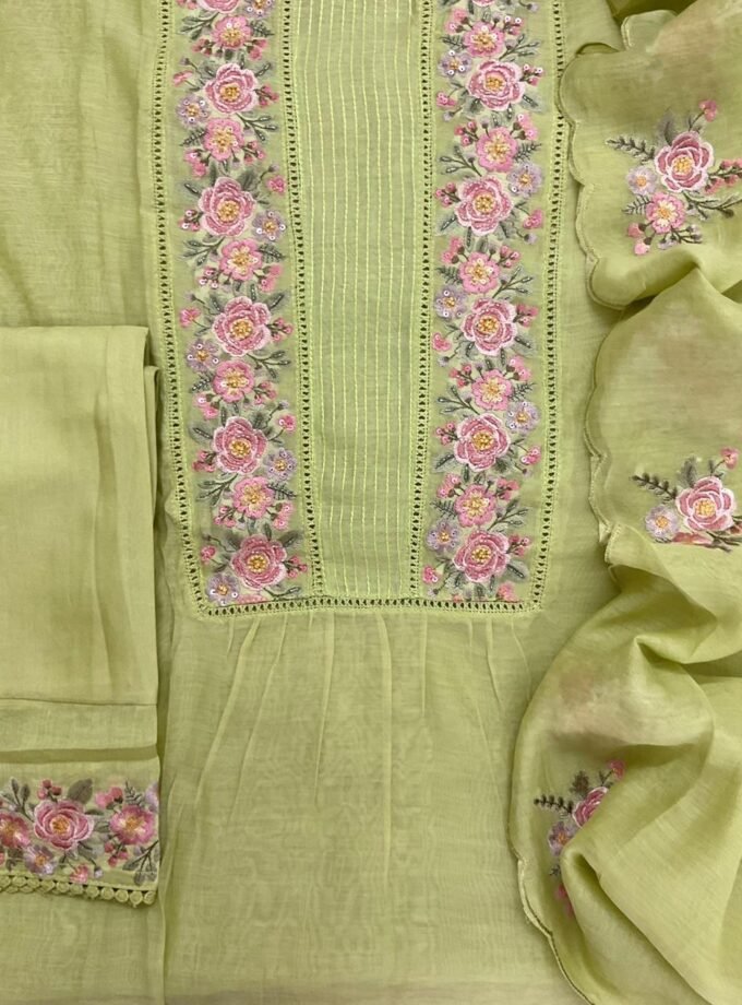Fine Mul Chanderi Salwars with  Hand highlights and Embroidery on Kameez, Dupatta and Lowers by Ikhtirah