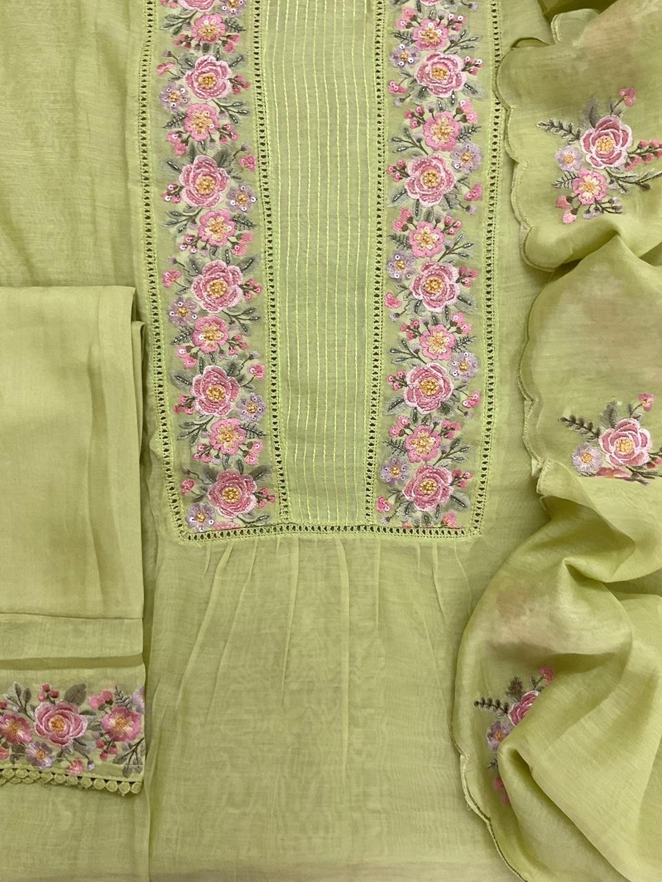 Fine Mul Chanderi Salwars with  Hand highlights and Embroidery on Kameez, Dupatta and Lowers by Ikhtirah