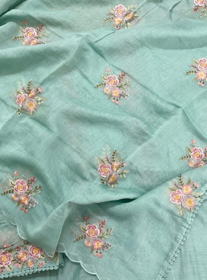 Fine Mul Chanderi Salwars with Hand highlights and Embroidery on Kameez, Dupatta and Lowers by Ikhtirah