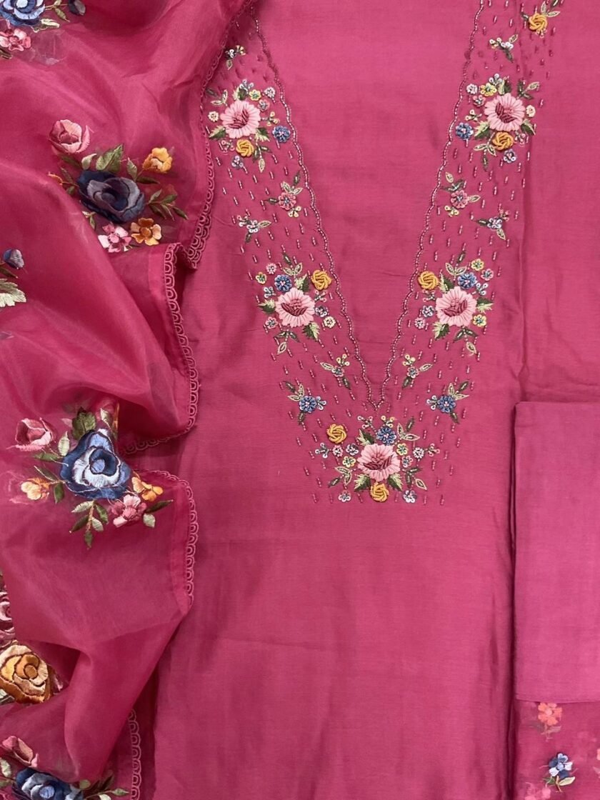 Fine Soft Chanderi Salwars with Hand highlights and Embroidery on Kameez, Organza Dupatta and Lowers by Ikhtirah
