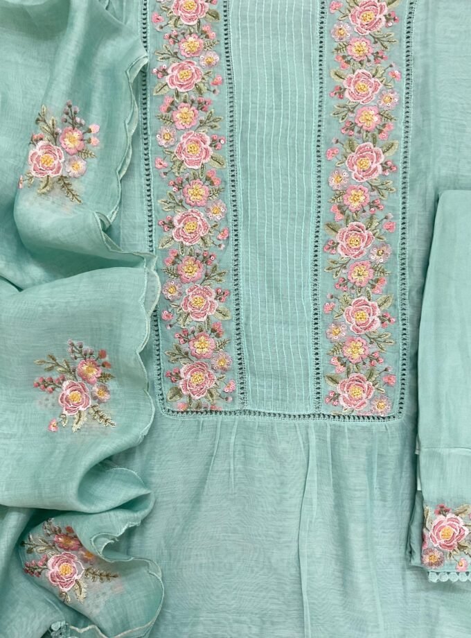 Fine Mul Chanderi Salwars with Hand highlights and Embroidery on Kameez, Dupatta and Lowers by Ikhtirah