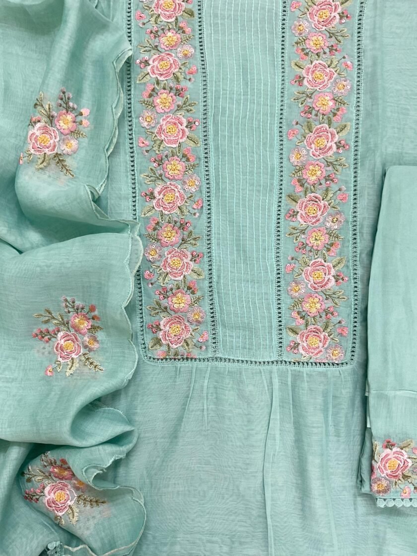 Fine Mul Chanderi Salwars with  Hand highlights and Embroidery on Kameez, Dupatta and Lowers by Ikhtirah - Image 4