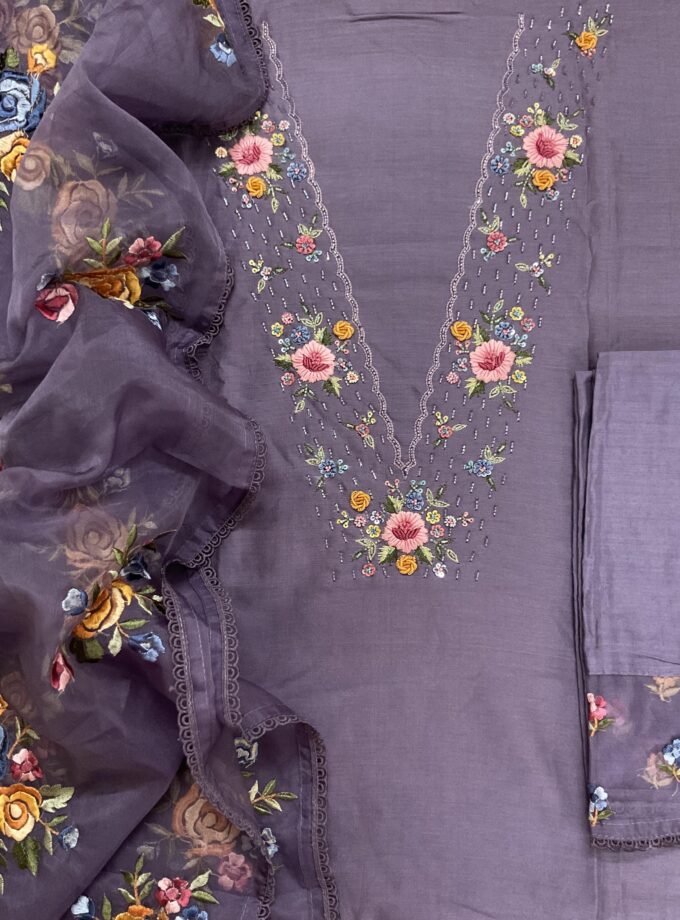 Fine Soft Chanderi Salwars with Hand highlights and Embroidery on Kameez, Organza Dupatta and Lowers by Ikhtirah