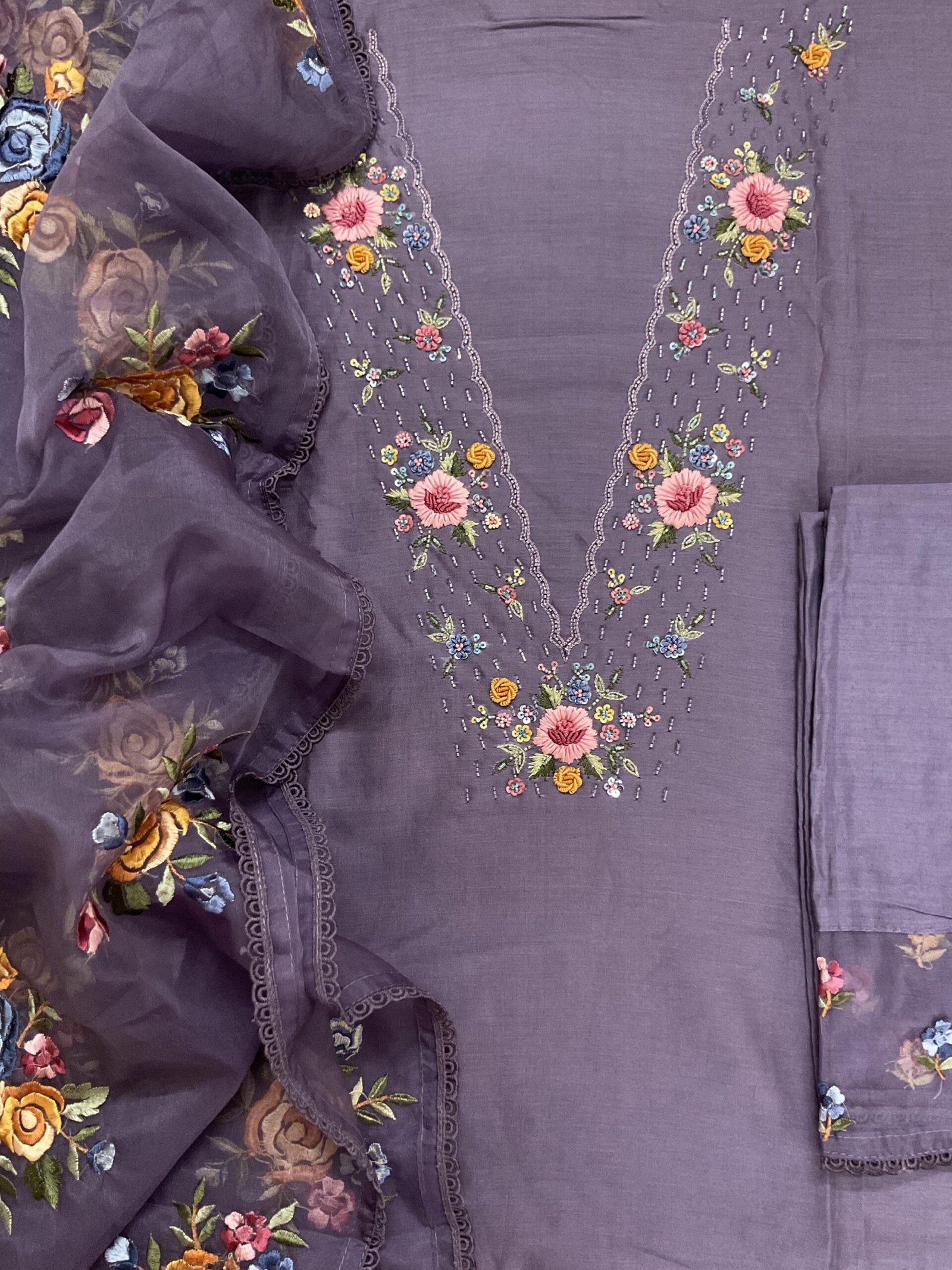 Fine Soft Chanderi Salwars with Hand highlights and Embroidery on Kameez, Organza Dupatta and Lowers by Ikhtirah - Image 3