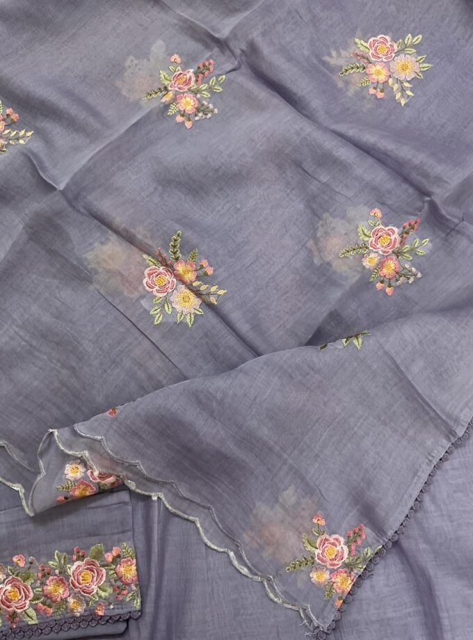 Fine Mul Chanderi Salwars with Hand highlights and Embroidery on Kameez, Dupatta and Lowers by Ikhtirah