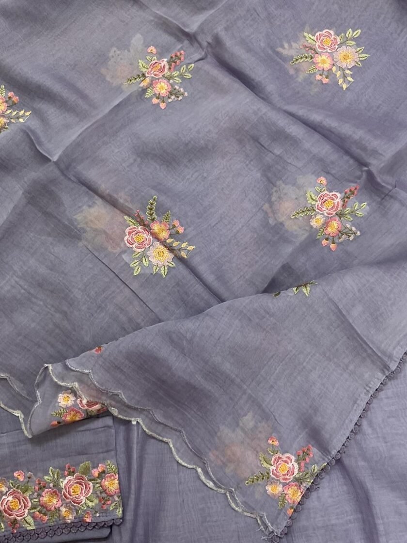 Fine Mul Chanderi Salwars with  Hand highlights and Embroidery on Kameez, Dupatta and Lowers by Ikhtirah - Image 3