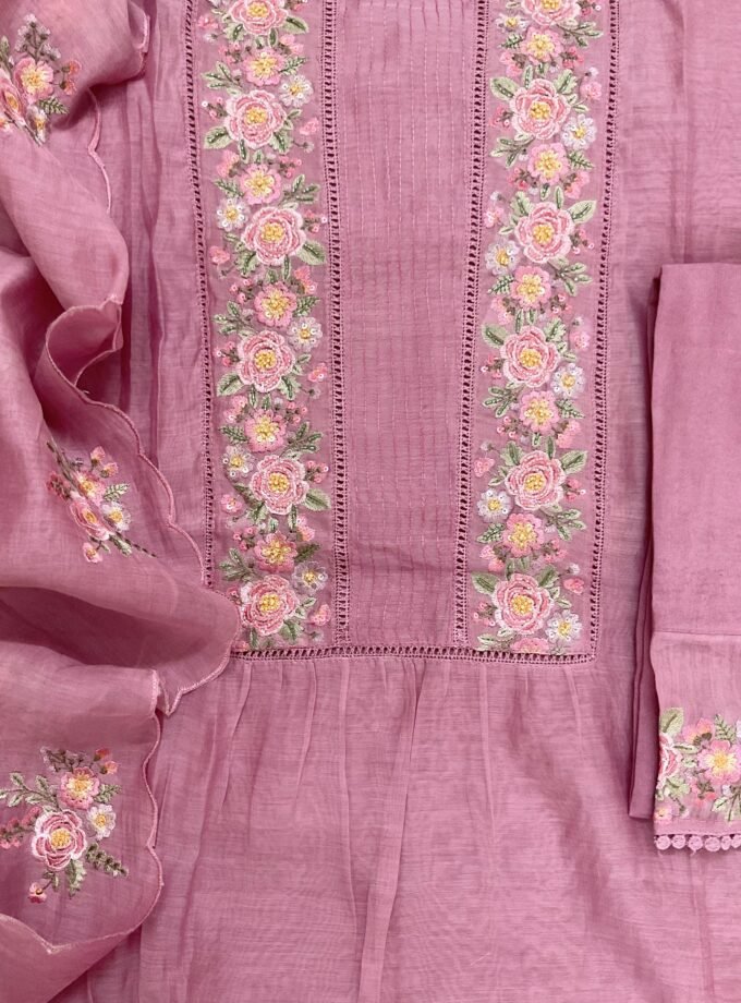 Fine Mul Chanderi Salwars with Hand highlights and Embroidery on Kameez, Dupatta and Lowers by Ikhtirah