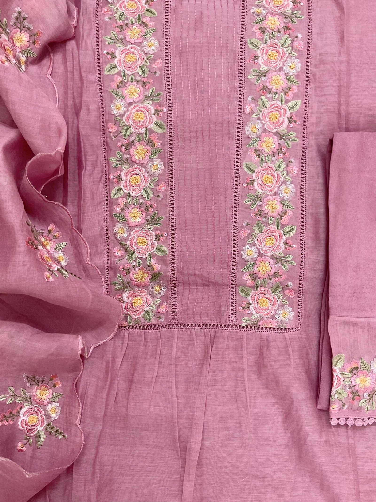 Fine Mul Chanderi Salwars with  Hand highlights and Embroidery on Kameez, Dupatta and Lowers by Ikhtirah - Image 2