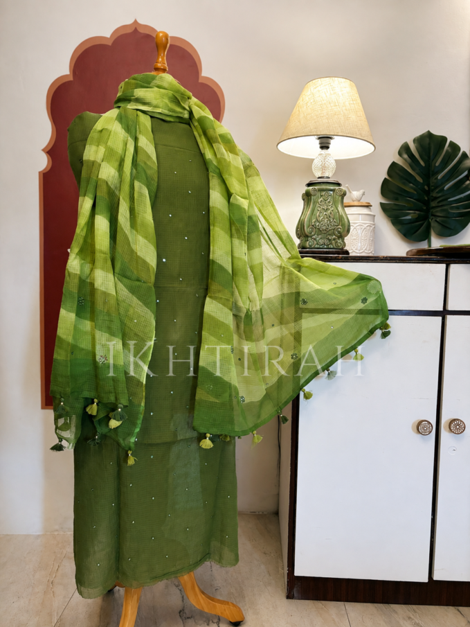 Hand Brush Painted Pure Cotton Kota by Kota with hand abla work Salwars by Ikhtirah (Green)
