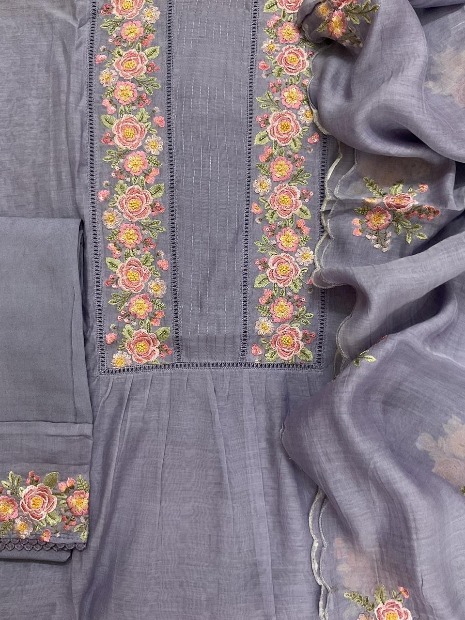 Fine Mul Chanderi Salwars with  Hand highlights and Embroidery on Kameez, Dupatta and Lowers by Ikhtirah