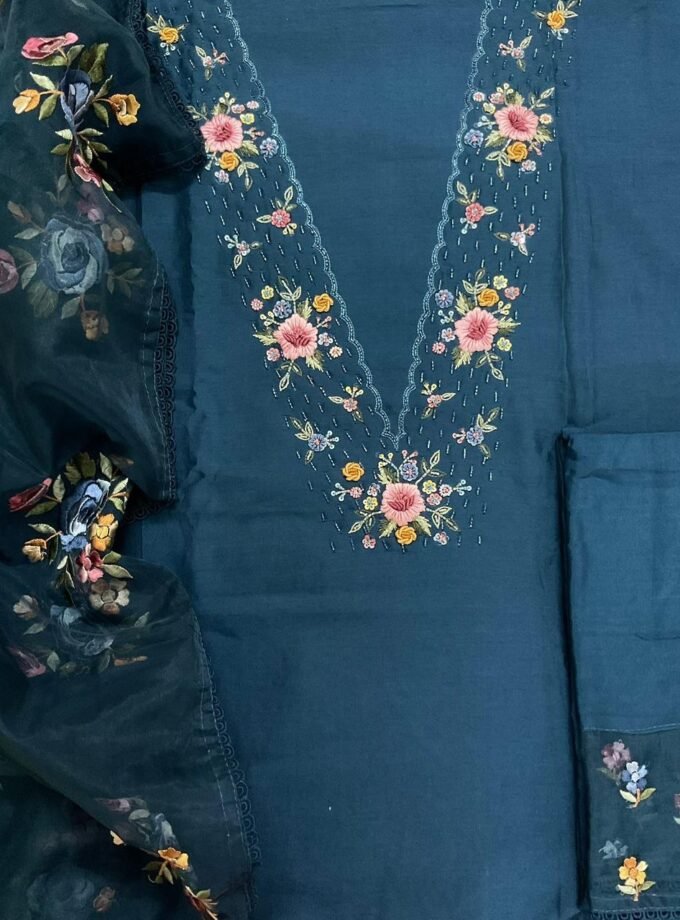 Fine Soft Chanderi Salwars with Hand highlights and Embroidery on Kameez, Organza Dupatta and Lowers by Ikhtirah