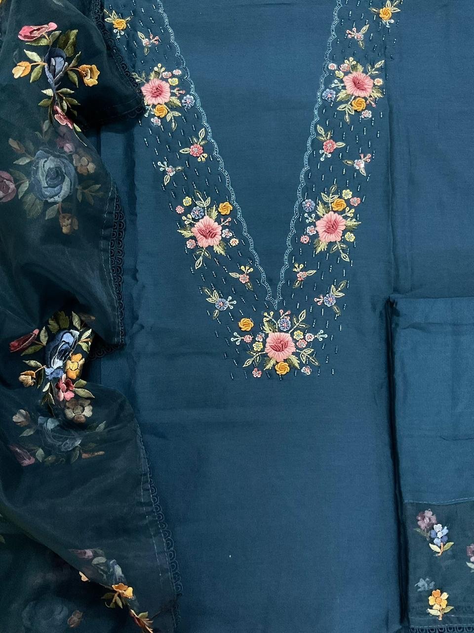 Fine Soft Chanderi Salwars with Hand highlights and Embroidery on Kameez, Organza Dupatta and Lowers by Ikhtirah - Image 3