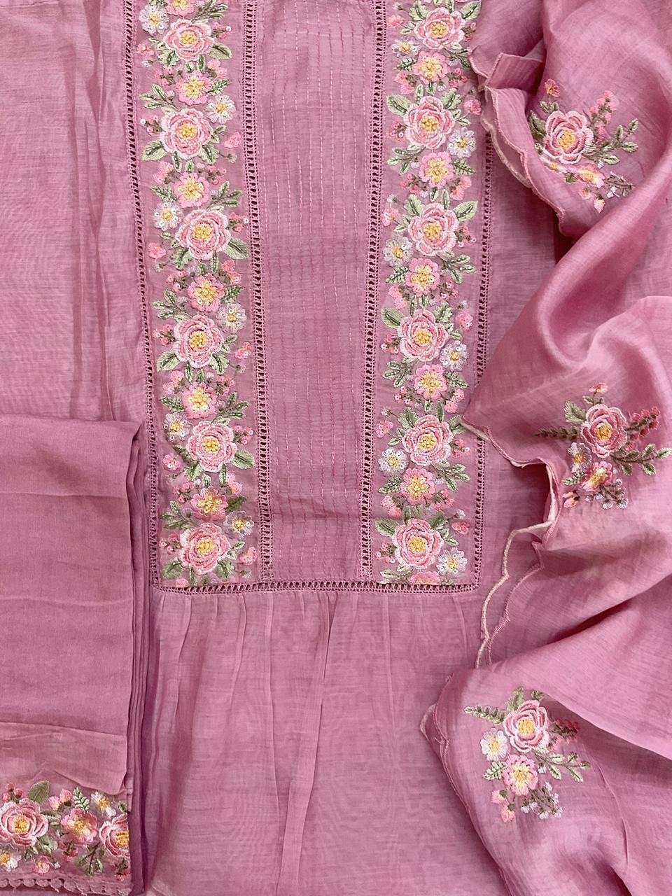 Fine Mul Chanderi Salwars with  Hand highlights and Embroidery on Kameez, Dupatta and Lowers by Ikhtirah