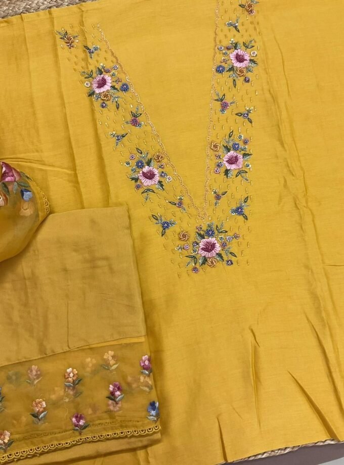 Fine Soft Chanderi Salwars with Hand highlights and Embroidery on Kameez, Organza Dupatta and Lowers by Ikhtirah