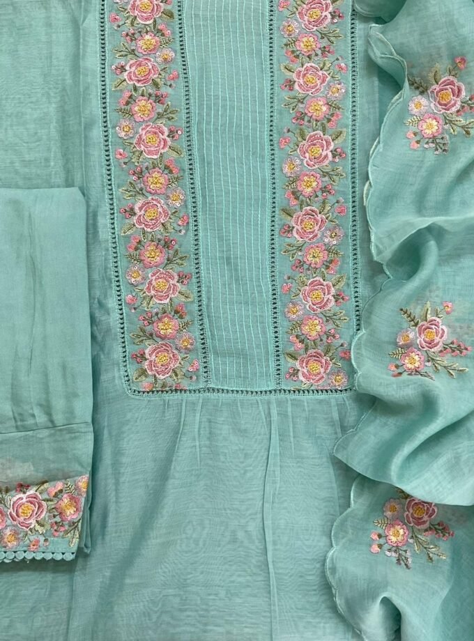 Fine Mul Chanderi Salwars with  Hand highlights and Embroidery on Kameez, Dupatta and Lowers by Ikhtirah