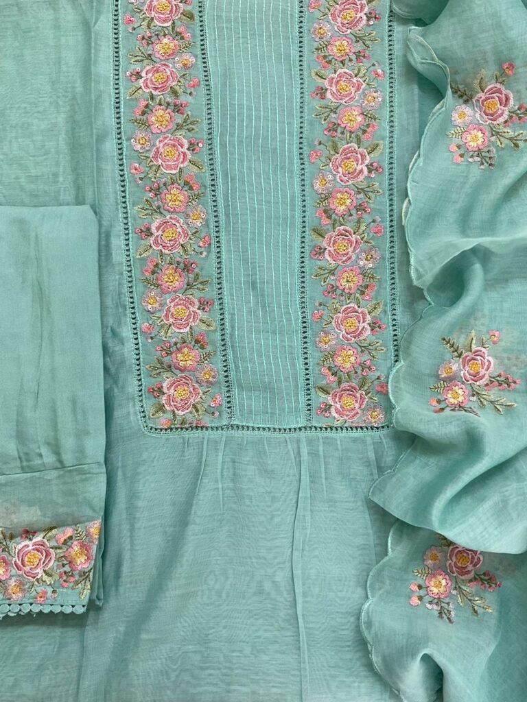 Fine Mul Chanderi Salwars with  Hand highlights and Embroidery on Kameez, Dupatta and Lowers by Ikhtirah