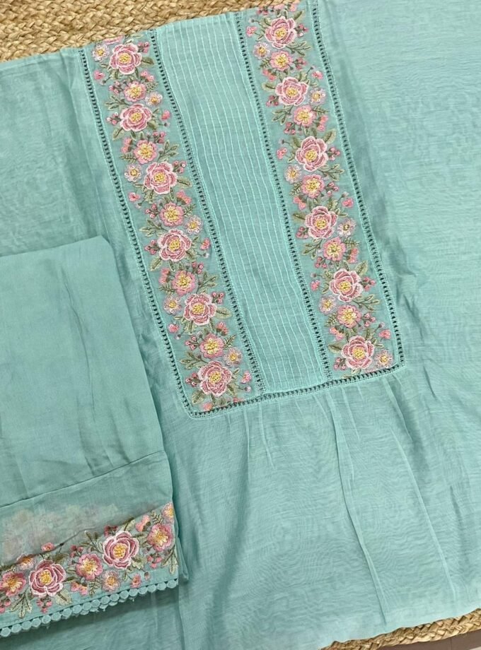 Fine Mul Chanderi Salwars with Hand highlights and Embroidery on Kameez, Dupatta and Lowers by Ikhtirah