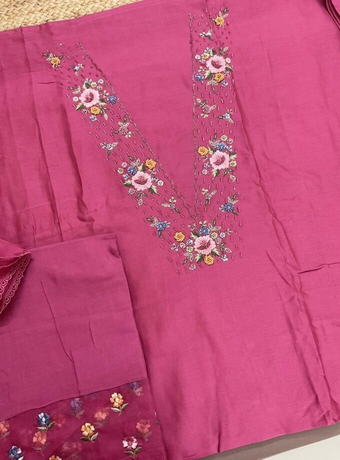 Fine Soft Chanderi Salwars with Hand highlights and Embroidery on Kameez, Organza Dupatta and Lowers by Ikhtirah