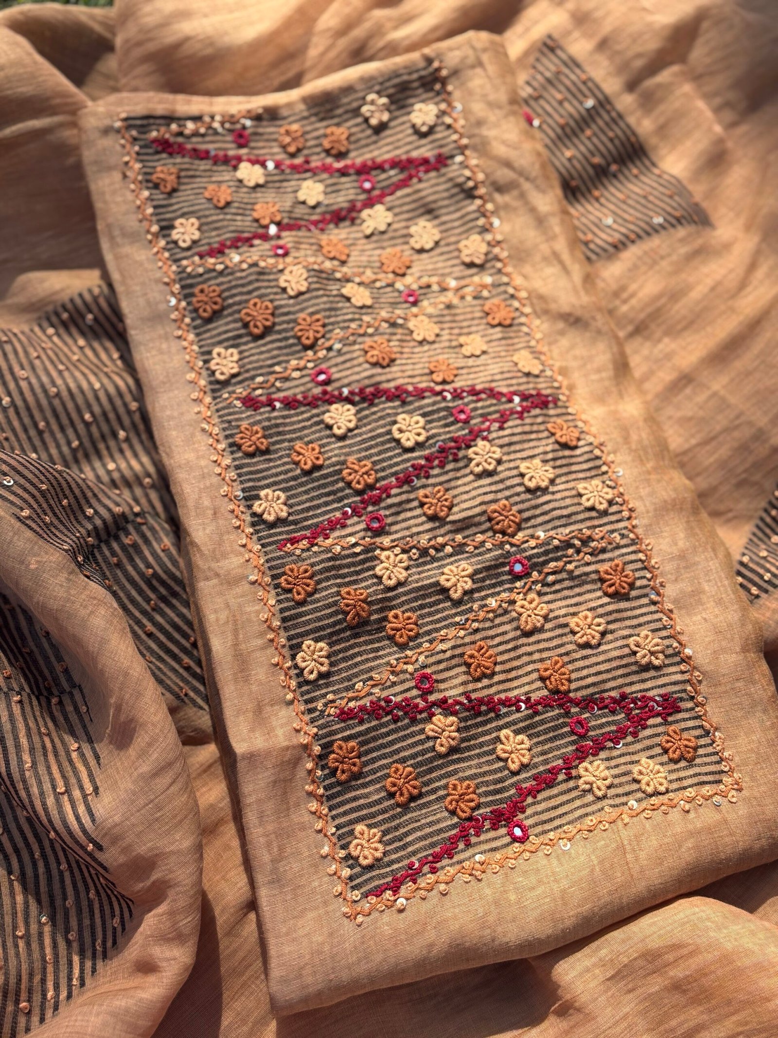 HandEmbroidered Soft Chanderi Jamdaani Salwars by Ikhtirah (Brown) - Image 5