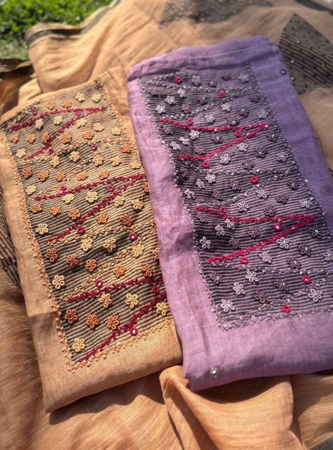 HandEmbroidered Soft Chanderi Jamdaani Salwars by Ikhtirah (Lavender)