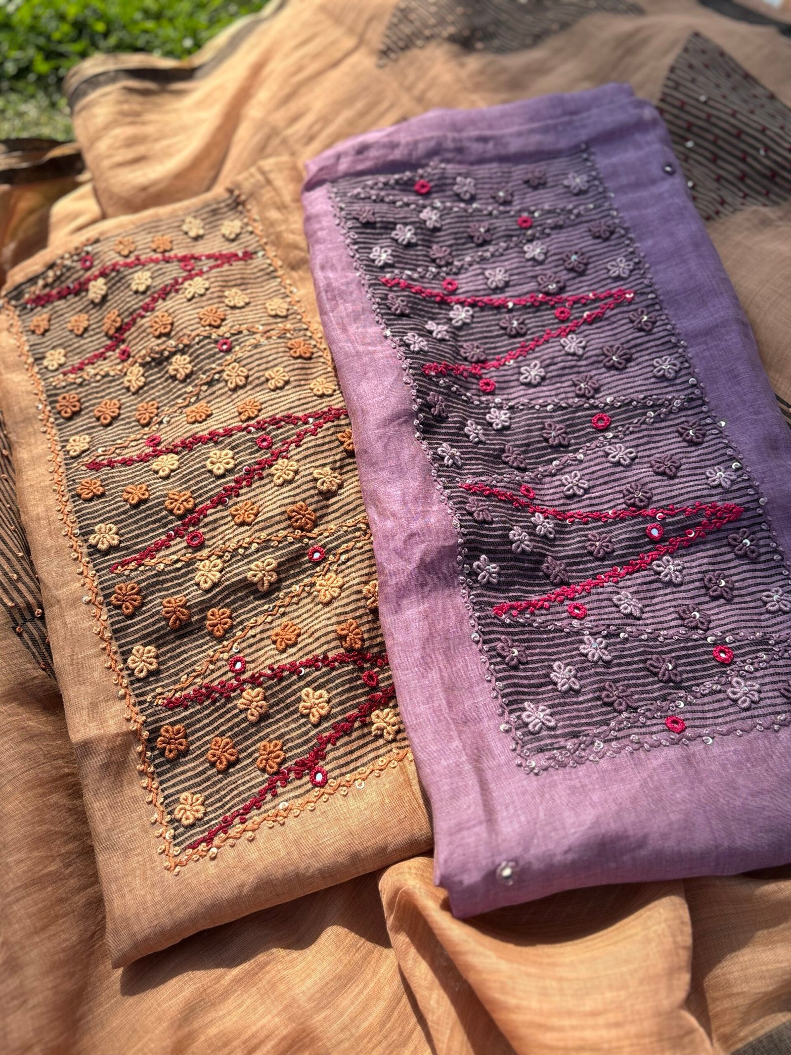 HandEmbroidered Soft Chanderi Jamdaani Salwars by Ikhtirah (Lavender) - Image 3