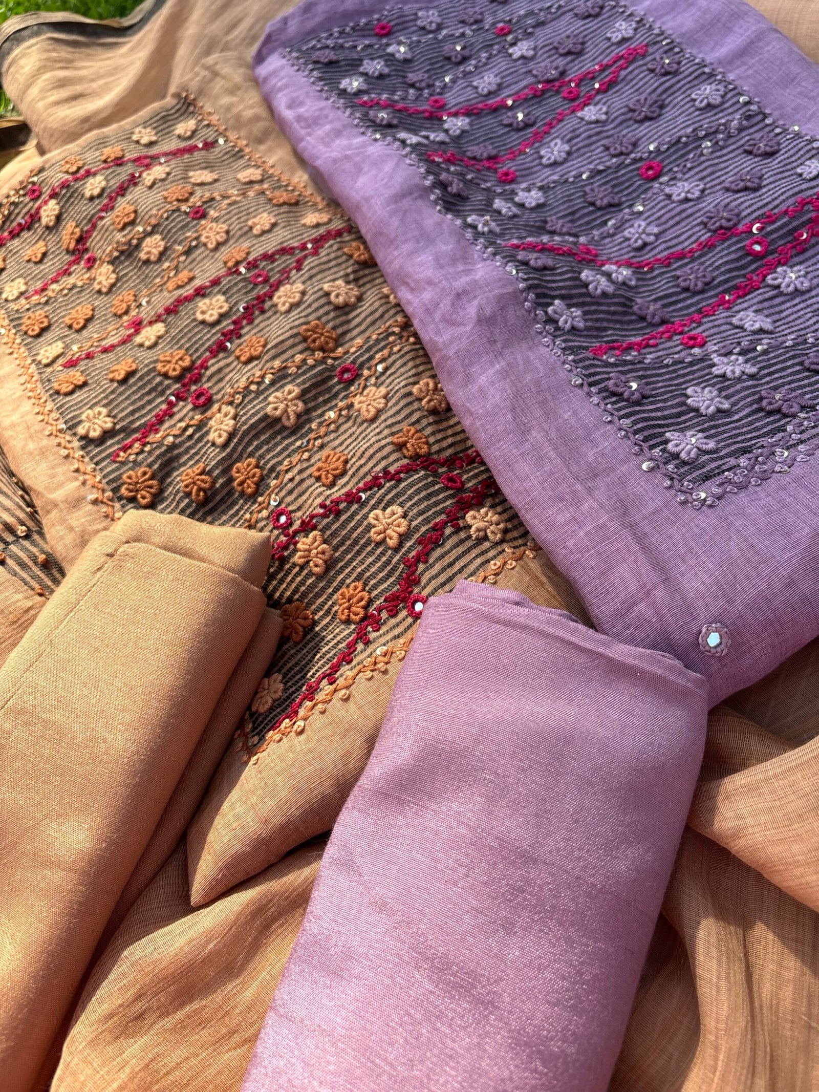 HandEmbroidered Soft Chanderi Jamdaani Salwars by Ikhtirah (Brown) - Image 6