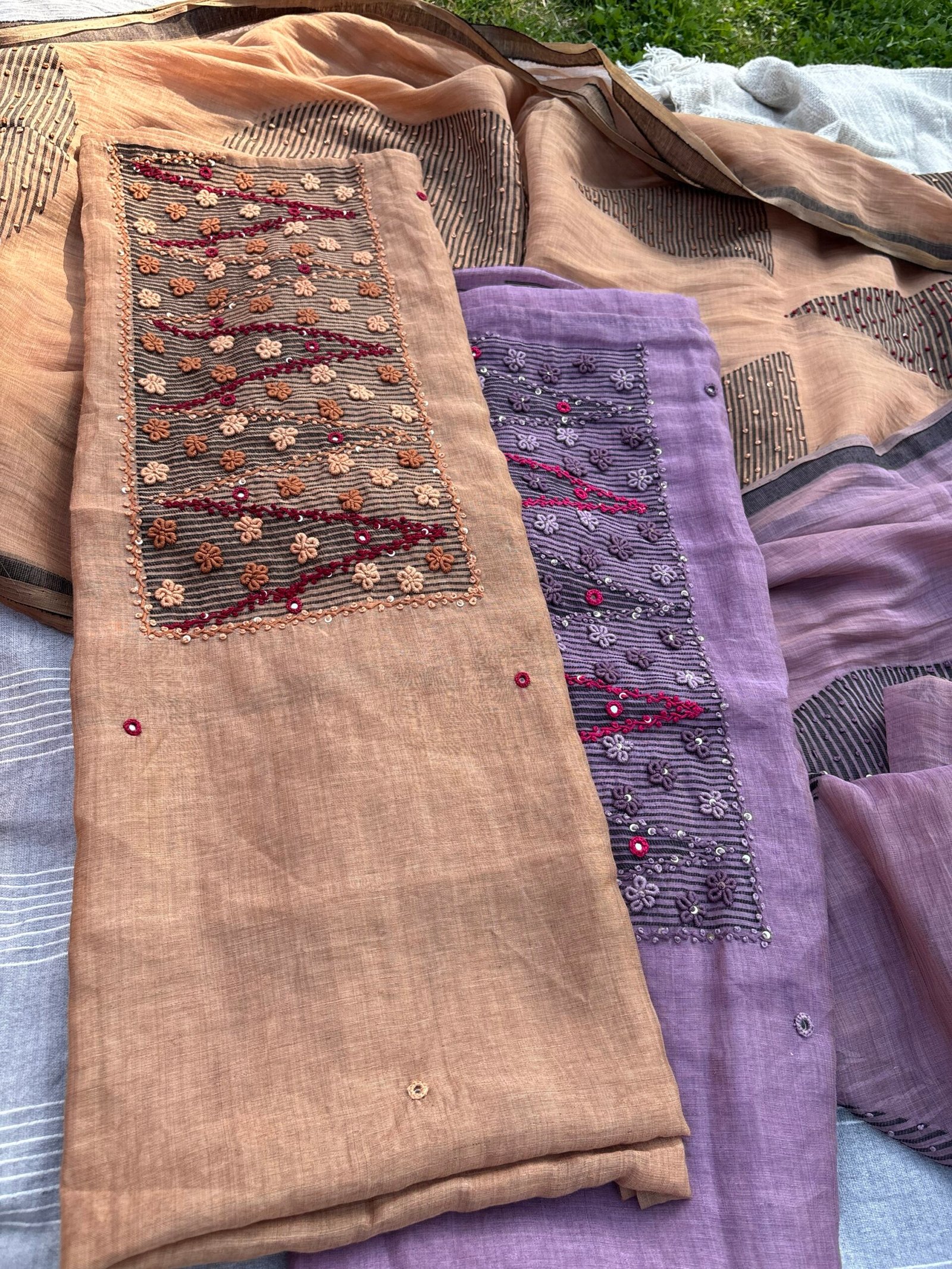 HandEmbroidered Soft Chanderi Jamdaani Salwars by Ikhtirah (Brown) - Image 2