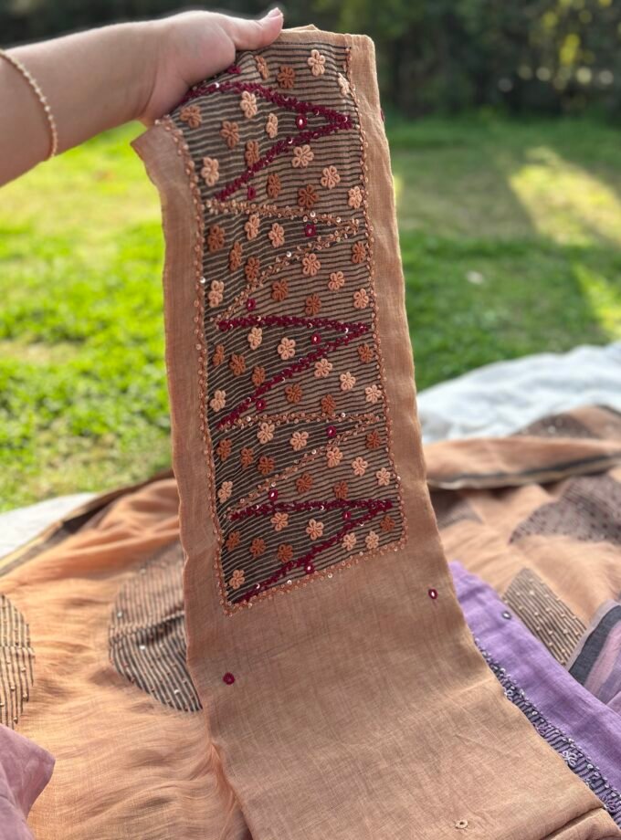 HandEmbroidered Soft Chanderi Jamdaani Salwars by Ikhtirah (Brown)