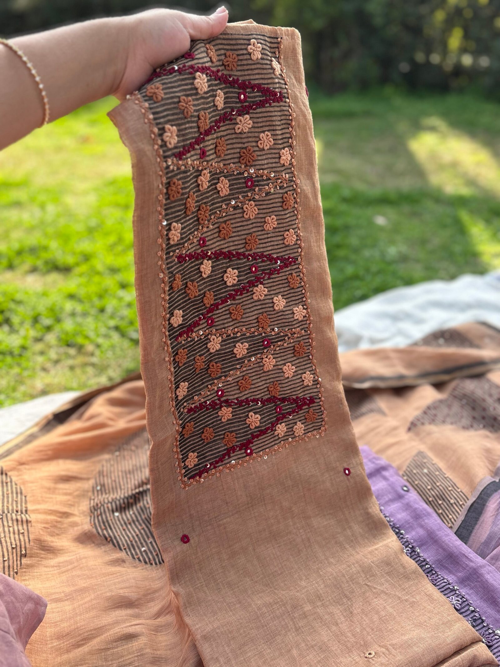 HandEmbroidered Soft Chanderi Jamdaani Salwars by Ikhtirah (Brown)