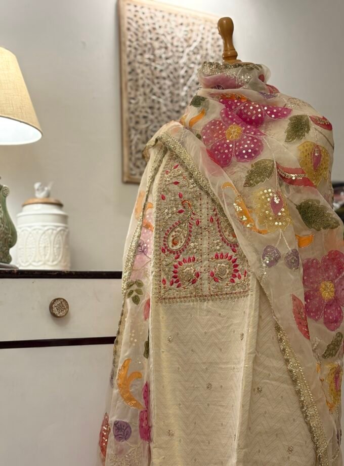 Handwork Shimmer Chanderi with HandPainted Organza Dupatta by Ikhtirah