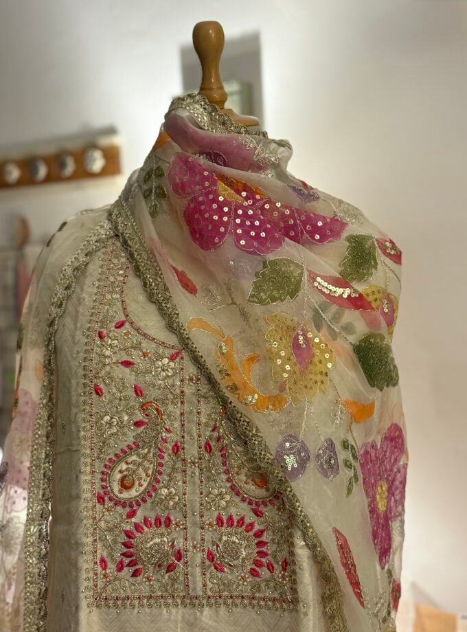 Handwork Shimmer Chanderi with HandPainted Organza Dupatta  by Ikhtirah