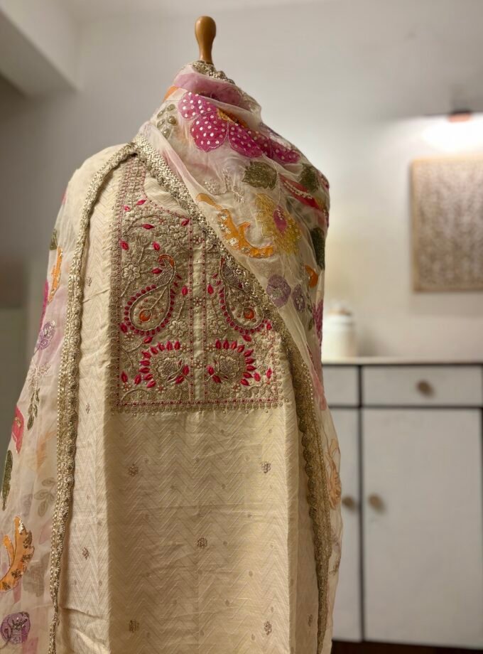 Handwork Shimmer Chanderi with HandPainted Organza Dupatta by Ikhtirah