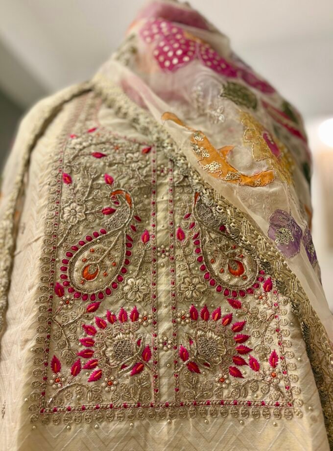 Handwork Shimmer Chanderi with HandPainted Organza Dupatta by Ikhtirah