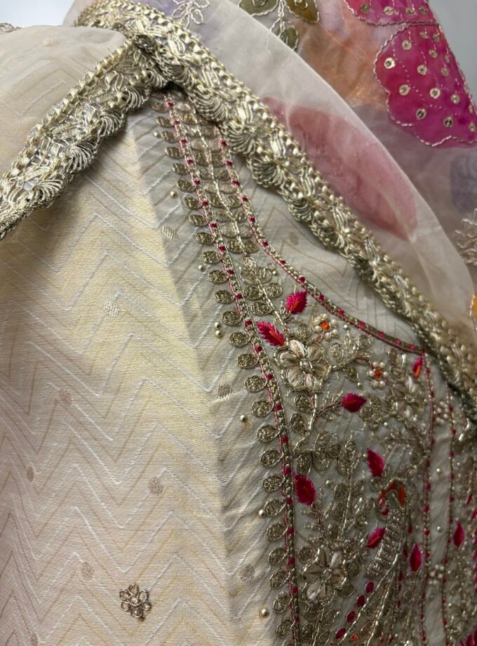 Handwork Shimmer Chanderi with HandPainted Organza Dupatta by Ikhtirah