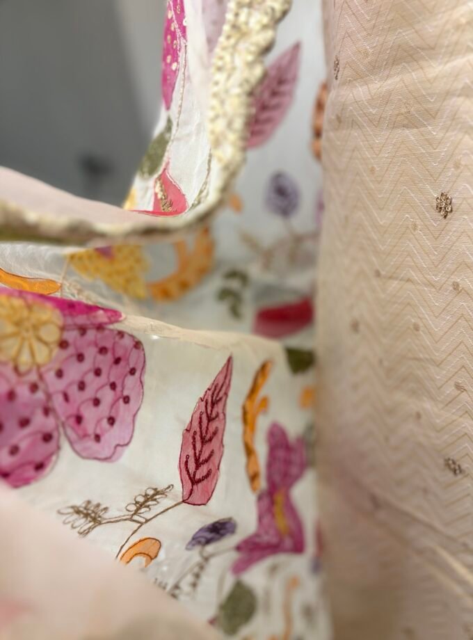 Handwork Shimmer Chanderi with HandPainted Organza Dupatta by Ikhtirah